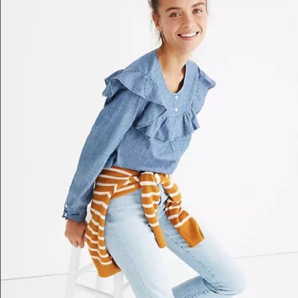 Madewell Chambray Ruffled Yoke Shirt (XS Like New)
